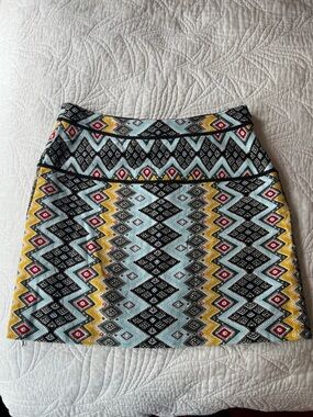 LOFT Geometric A-Line Skirt in Light Blue, Yellow, Black & Red